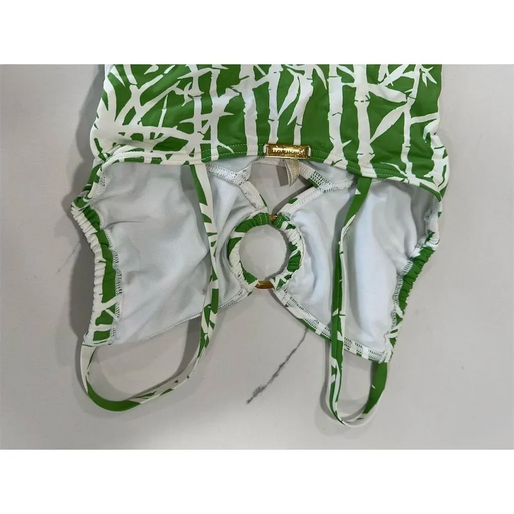 MICHAEL KORS One‎ Piece Swimsuit Green White Bamboo Print Ring Accent Size S